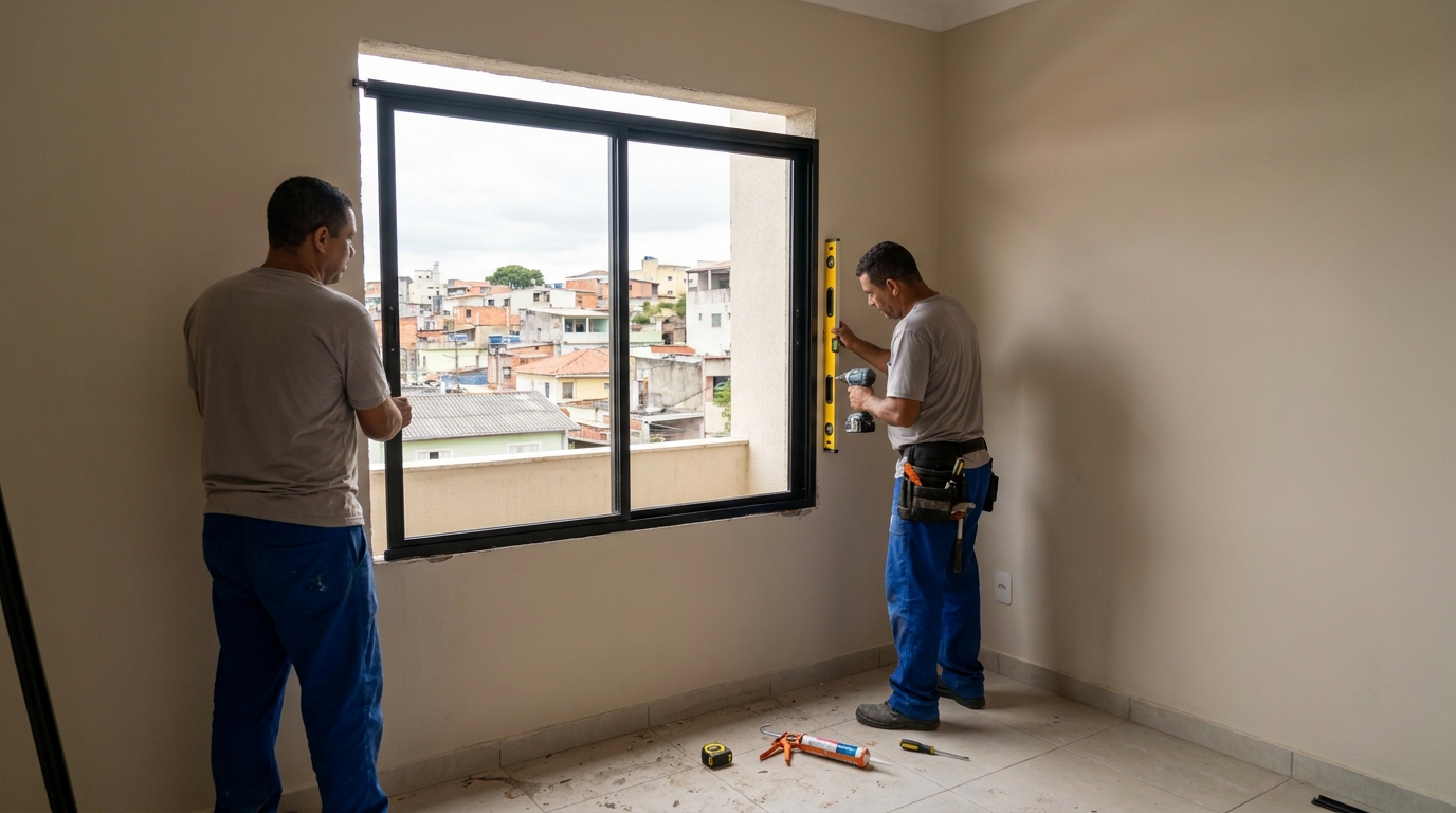 Esquadria de alumínio em quarto bege em Recife-PE