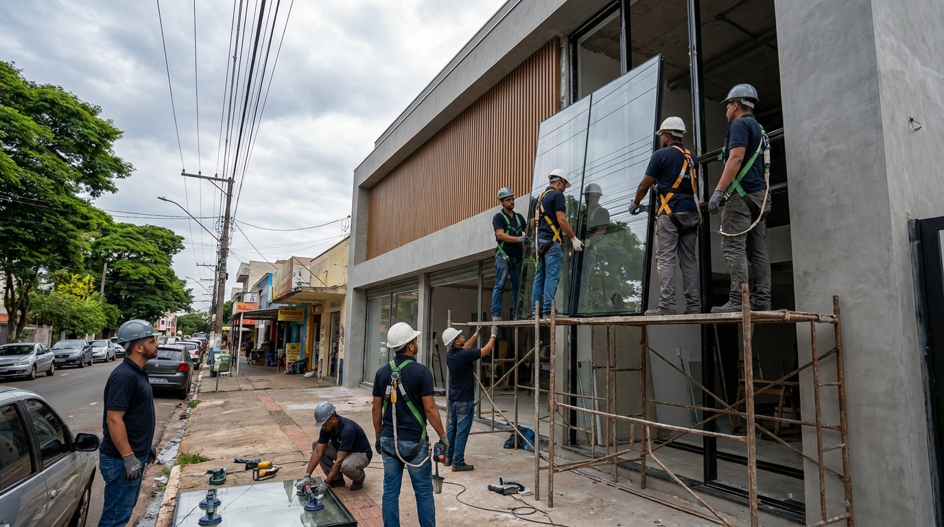 Fachada de vidro com andaime lateral em Recife-PE