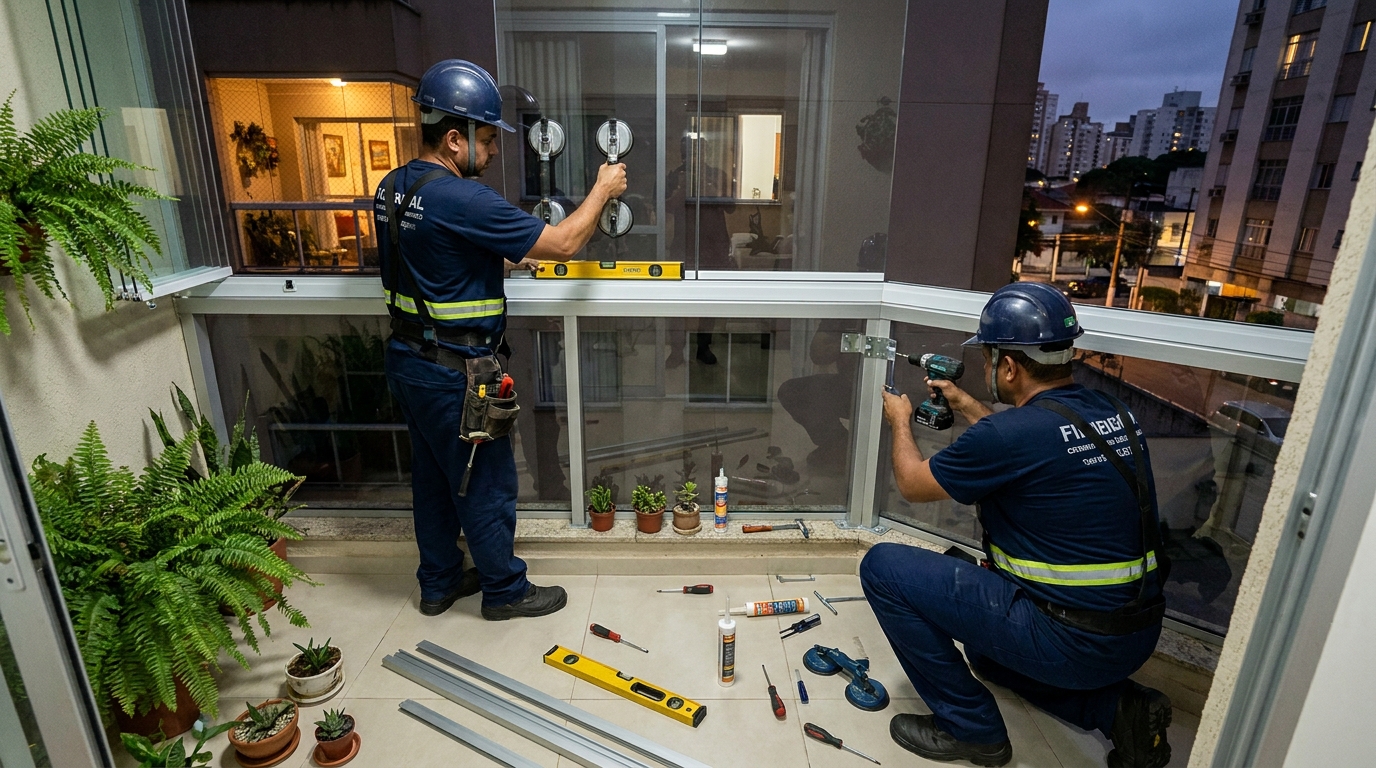 Instalação noturna de parede de vidro em Recife-PE
