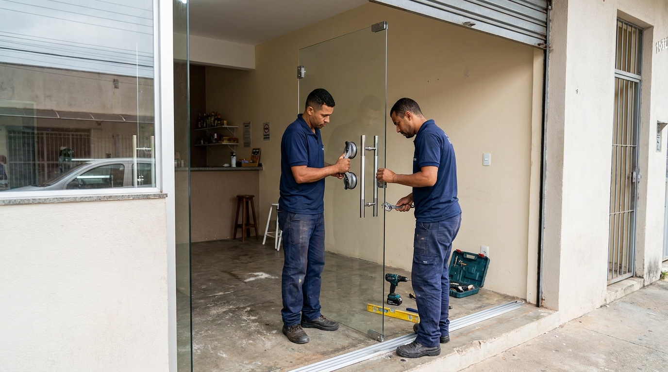 Dupla instalando porta de vidro em loja em Recife-PE